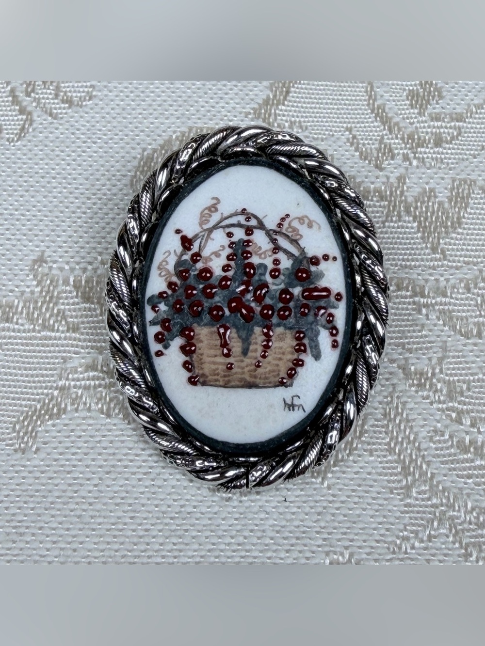 Helen Fry Nesbitt Handpainted Vintage Brooch, Pendant, Flower Basket